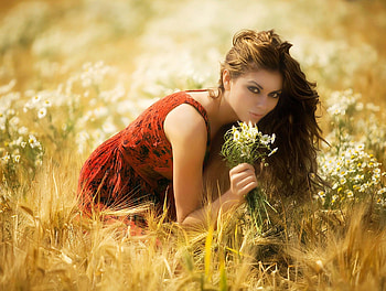 Summer Day, summer, fantasy, field, brunette, flowers, woman HD wallpaper