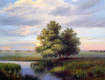 LinkReplyЕлена Лебедева. Ветер к ночи притих, river, painting, art, sky, nature, tree HD wallpaper