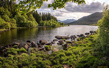 River, trees, mountains, rocks HD wallpaper