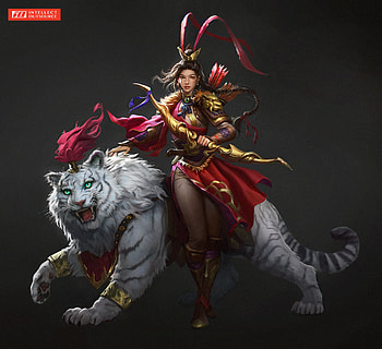 Riding the white tiger, girl, white, tiger, intellect outsource studio, fantasy, red HD wallpaper