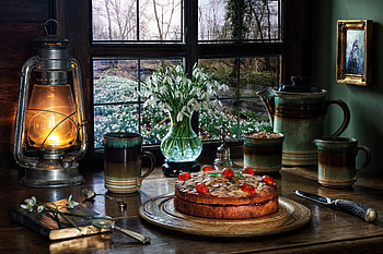 Still life, Snowdrods, Cake, Coffee pot, Window HD wallpaper