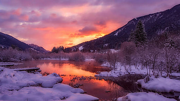 Winter Sunset, hills, snow, trees, landscape, clouds, colors, sky, lake HD wallpaper