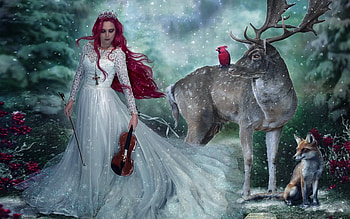 Forgotten Winter Melody, winter, Fox, violin, woman, Fantasy, melody, music, snow, deer, redhead HD wallpaper