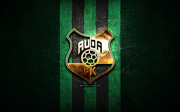 Auda FC, golden logo, Latvian Higher League, green metal background, football, Latvian football club, Auda FC logo, soccer, FK Auda HD wallpaper
