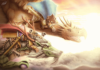 the east and the west, river, pack, wolves, tiger, dragon, rock HD wallpaper