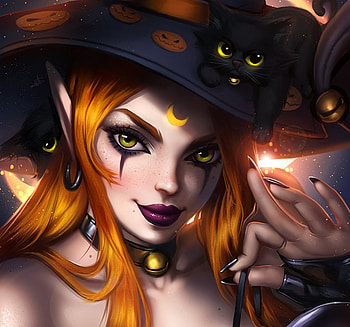 Witch, halloween, pisici, fantasy, face, ayyasap, cat, girl, dark, luminos HD wallpaper