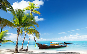 *** Wonderful summer in the tropics ***, blue, sea, bout, tropics, wonderful, summer, trees, nature, sky HD wallpaper