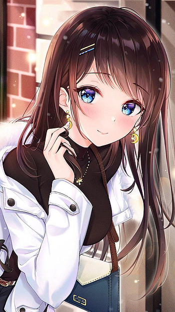 Beautiful anime girl, brownhair, casualwear HD phone wallpaper