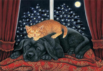Enjoying the night, night, dog, kitten, art, fireplace, cat, star, puppy, painting, moon, pet HD wallpaper