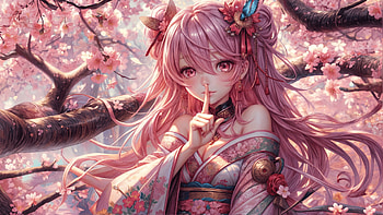Blossom Whisper: Anime Girl in Pink Kimono Amid Cherry Blossoms, cherry blossom, pink hair, kimono, Anime, anime girl HD wallpaper