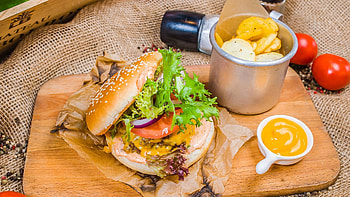 Burger , Meaty delight, Savory flavors, Delectable HD wallpaper