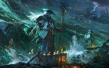 Fantastic storm, night, blue, boat, sea, art, candels, man, waves, fantasy, light, green, water, hat, storm, ocean HD wallpaper