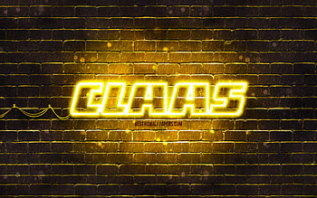 Claas yellow logo, , yellow brickwall, Claas logo, brands, Claas neon logo, Claas HD wallpaper