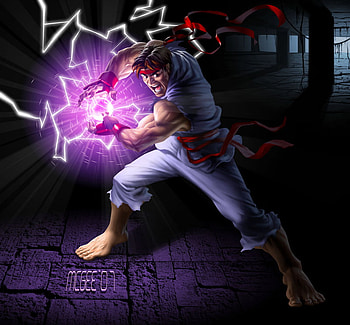 Hadou Ken, games, headband, gloves, lightning, lone, anime, capcom, video games, street fighter, dark background, ryu, wristbands, male, fighters HD wallpaper