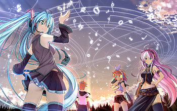 Vocaloid's Night, night, awesome, song notes, hatsune, kagamine rin, trees, sunset, notes, blue eyes, hatsune miku, len, blue hair, pink hair, anime, pretty, megurine, blue, luka, black, rin, cute, vocaloid, miku, vocaloids, thighhighs, megurine luka, kagamine len, beautiful, kagamine, pink, yellow hair, yellow, cool, clouds, sky HD wallpaper