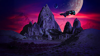 Orbit City Shadows, artist, artwork, art, digital-art, cyberpunk, ship, moon, mountains, artstation HD wallpaper