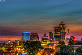 Downtown Des Moines, Skyline silhouette, Urban landscape, Night lights HD wallpaper