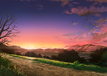 Anime landscape of a calm country field at sunset, relaxing, plains, path, landscape, grass, country, artwork, anime landscape, anime, field, nature, sky, calm, mountains, sun, sunset, quaint HD wallpaper