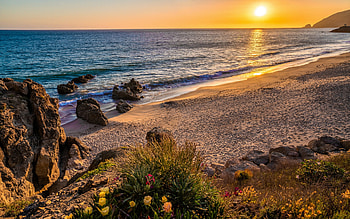 Malibu, Pacific Ocean, coast, summer, sunset, beach, waves, California, USA HD wallpaper