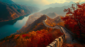 Great wall of China in autumn, Great Wall of China, Autumn, river HD wallpaper