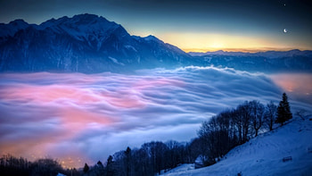 Misty Sunset, mist, firs, colors, sky, mountains HD wallpaper