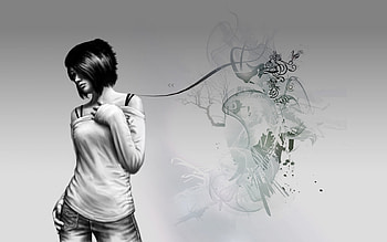 abstract girl, model, art, brunette, cute, girl, stretch-top, jeans, abstract background, casual, drawing, black and white, short hair, female HD wallpaper