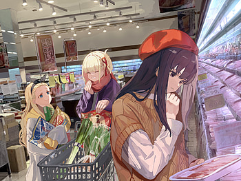 Lycoris Recoil : Takina, Chisato & Kurumi in Vibrant Anime Market Scene, Takina Inoue, Chisato Nishikigi, Kurumi (Lycoris Recoil), Anime, Lycoris Recoil HD wallpaper