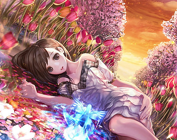 Spring, blue, girl, jname, yulip, pink, anime, butterfly, flower, manga HD wallpaper
