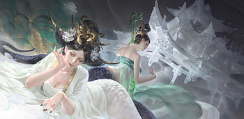 The White Snake, white snake, fantasy, art, green, luminos, girl, kyu9, frumusete, gorgeous, superb HD wallpaper