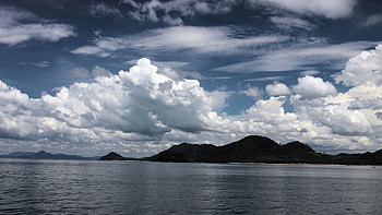 Landscape View Of Trees Hills Greenery Mountain Ocean Under White Clouds Blue Sky Nature HD wallpaper