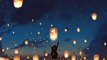 Lantern Night Clouds Lights Anime Stars, anime, lantern, clouds, stars, artist, artwork, digital-art HD wallpaper