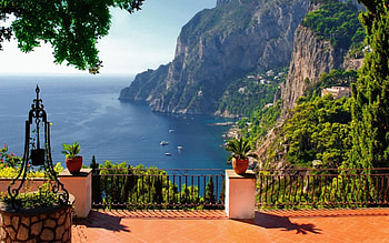 capri terrace view, sea, shore, cliffs, view, terrace HD wallpaper