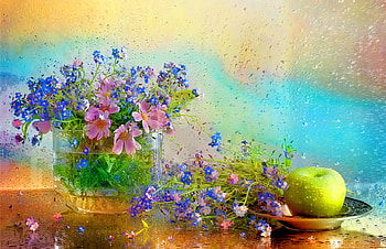 Still life, colorful, bouquet, rain, drops, vase, beautiful, delicate, pretty, fruit, apple, flowers, lovely HD wallpaper