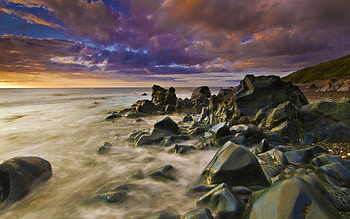 Sunset, colors, peaceful, sunrise, beauty, waves, seascape, amazing, ocean, sea, beautiful, rocks, ocean waves, view, clouds, nature, sky, lovely, splendor HD wallpaper