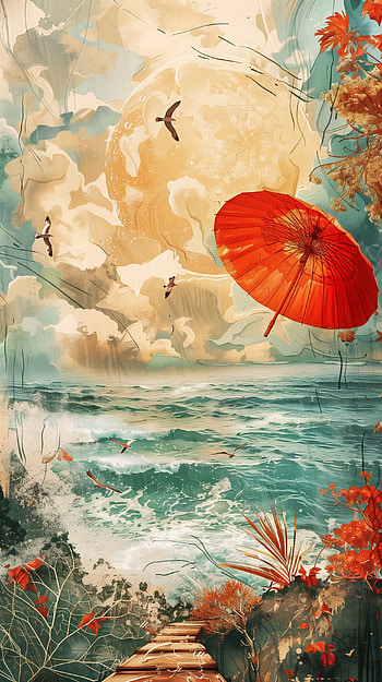 Eastern Serenity Shore, oriental, sun, umbrella, ocean HD phone wallpaper