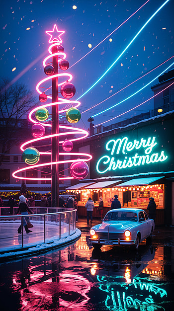 Neon Christmas Nights — Mobile, christmas tree, neon sign, vintage car HD phone wallpaper