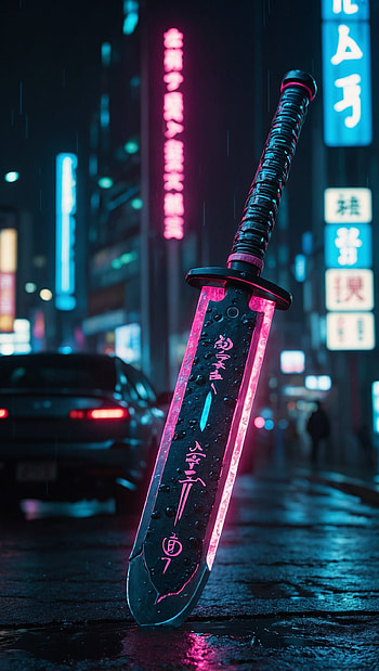 Detailed Cyberpunk Blade with Pink Glow on Rainy Neon Street, Sword, Futuristic HD phone wallpaper