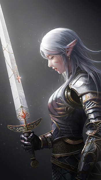 Moonlit Silverblade — Elven Warrior, woman warrior, white hair, sword, pointed ears, elf, armor, fantasy HD phone wallpaper