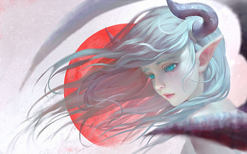 Sad Succubus, tears, long hair, horms, beauty, lady, abstract, fantasy woman, female, white, art, soft, succubus, blue hair, girl, beautiful, sadness, woman, sad, anime, fantasy, red HD wallpaper