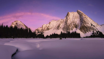 Beautiful pink sky over Kananaskis Country in Alberta, sunset, trees, landscape, clouds, sky, mountains, canada, lake HD wallpaper