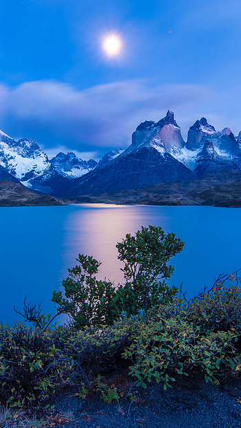 Chile earth lake landscape, Moon night twilight HD phone wallpaper