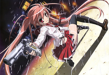 Aria, scan, red eyes, pink hair, hidan no aria, twintails, weapon, gun, tagme HD wallpaper