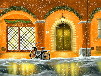 Bologna, winter, lanterns, art, byke, beautiful, reflection, painting, light, snow, lovely HD wallpaper