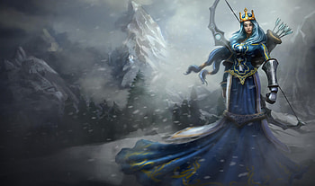 Ashe, games, archer, blue hair, long hair, dress, crown, lone, anime, arrows, snow, weapon, league of legends, video games, bow, female HD wallpaper