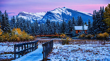 Pigeon Mountain And Log Cabin In Forest, Canmore, Alberta, trees, colors, landscape, sky, canada, mountains, sunset, winter, snow, bridge HD wallpaper