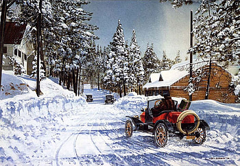 Vintage Car, winter, artwork, painting, firs, snow, cottage HD wallpaper