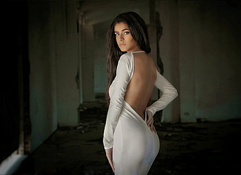 Brunette, white, beautiful, backless, dress HD wallpaper