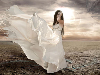 Bride in the desert, anime, fantasy, clouds, sky, girl, dress HD wallpaper
