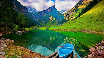 Lakes - Lonely Boat Mountain Lake Hills Emerald Grass Slopes Clear Lakeshore Sky Nice Summer Nature HD wallpaper