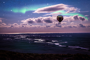 Nature, Clouds, Shore, Bank, Ocean, Balloon, Aurora Borealis, Northern Lights HD wallpaper
